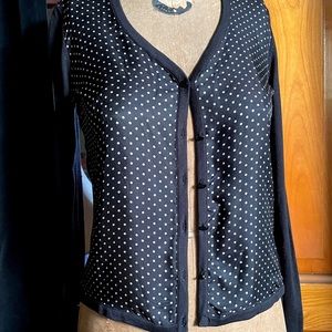 Talbots silk cardigan Sm petite tiny polka dot front solid back long sleeves